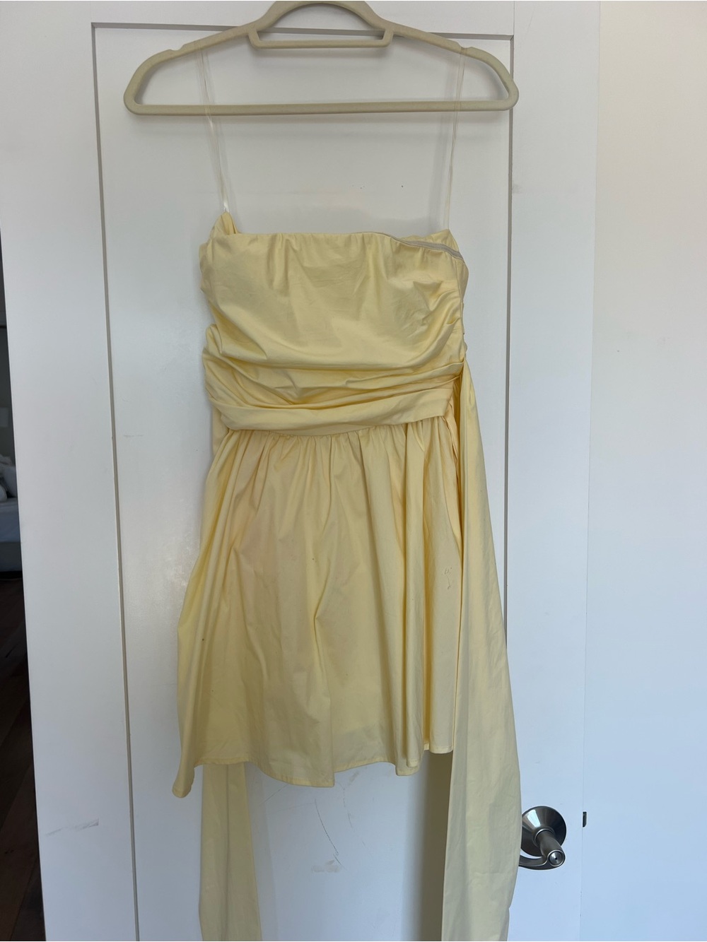 Strapless Pale Yellow Tie-Back Mini Dress with bow